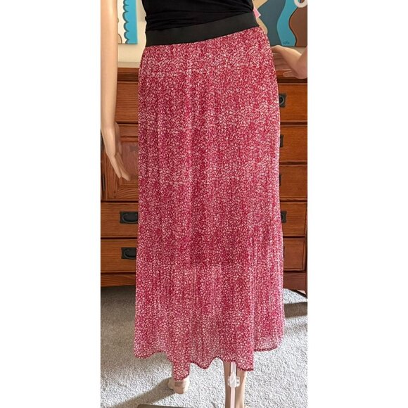 Adrianna Papell Red Pleated Midi Skirt Size Small Lightweight Lined Floral - Picture 7 of 8